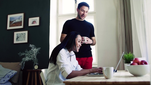 Young happy mixed race couple indoors at home, using laptop.