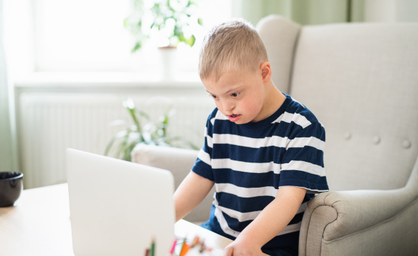 A down syndrome boy indoors at home, using laptop.