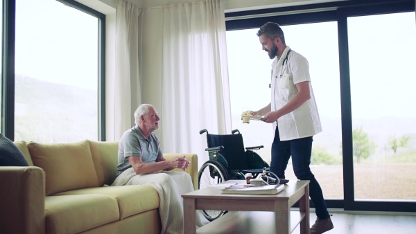 Health visitor bringing snack to a senior man in wheelchair during home visit. Slow motion.