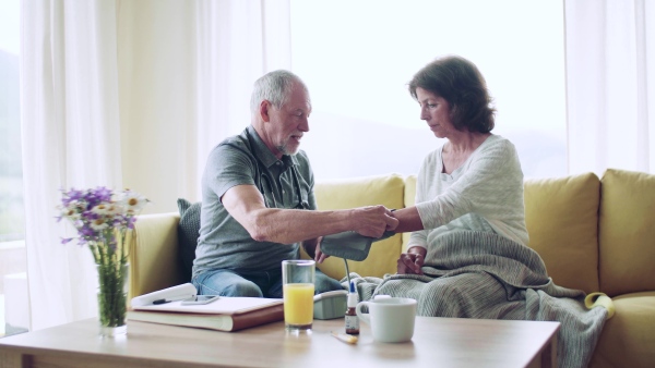 Health visitor and a senior woman during home visit, checking of blood pressure.