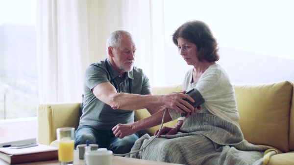 Health visitor and a senior woman during home visit, checking blood pressure.