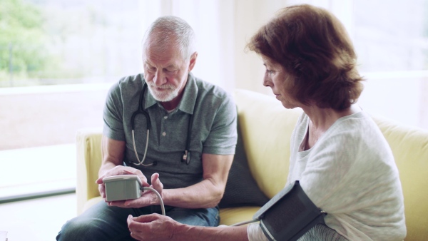 Health visitor and a senior woman during home visit, checking of blood pressure.