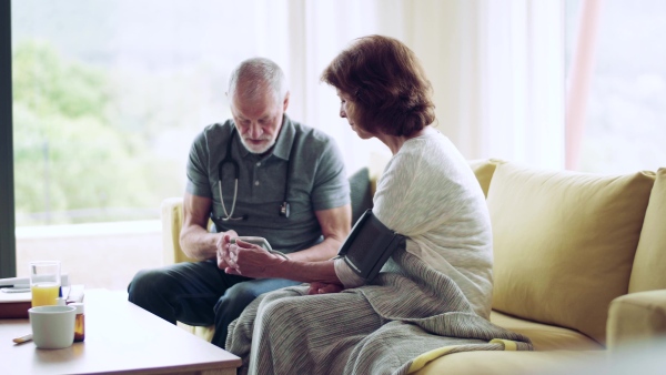 Health visitor and a senior woman during home visit, checking of blood pressure.