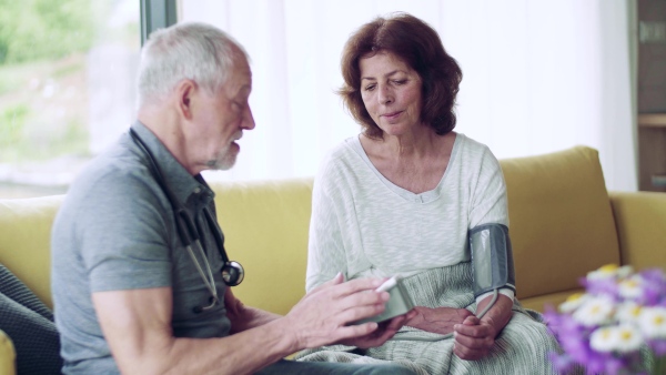 Health visitor and a senior woman during home visit, checking of blood pressure.