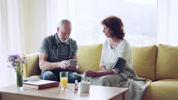 Health visitor and a senior woman during home visit, checking blood pressure.