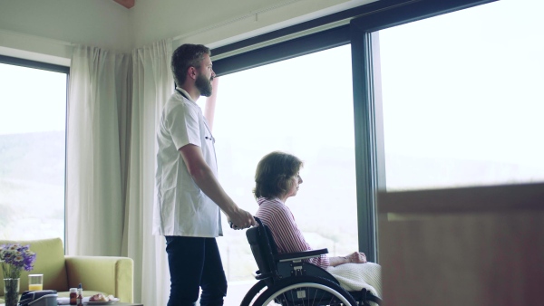 Health visitor and a disabled senior woman in wheelchair during home visit.