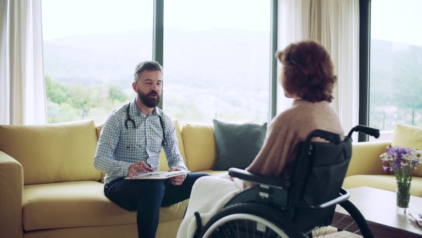 Health visitor and a senior woman in wheelchair during home visit, talking. Slow motion.