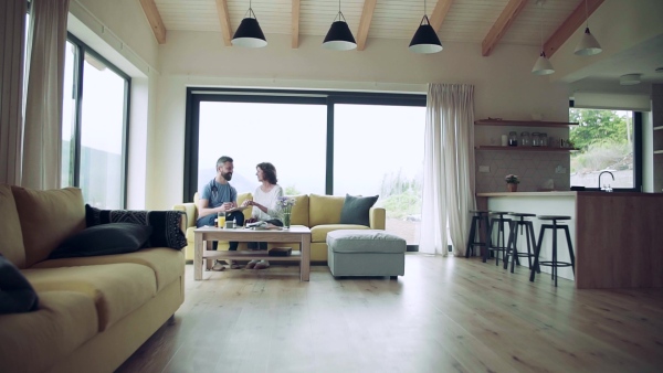 Health visitor and a senior woman during home visit, talking. Slow motion.