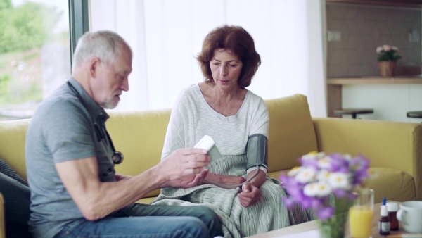 Health visitor and a senior woman during home visit, checking of blood pressure. Slow motion.