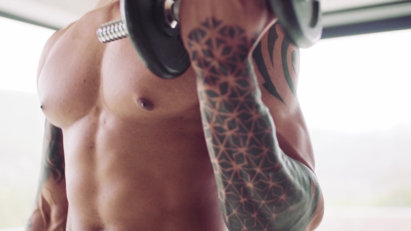 Midsection of young man with dumbbell doing exercise indoors at home, a body workout.