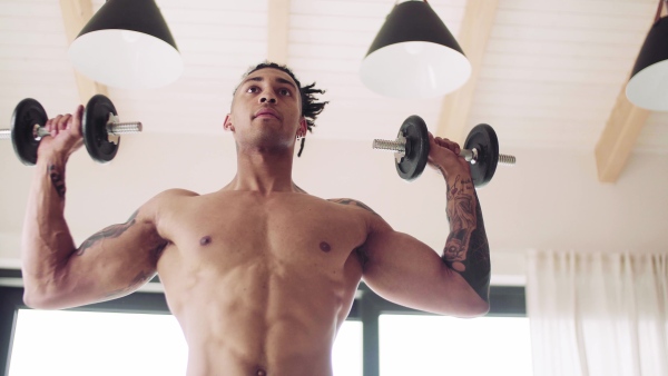 A mixed race young man doing exercise with dumbbells indoors at home, a body workout.