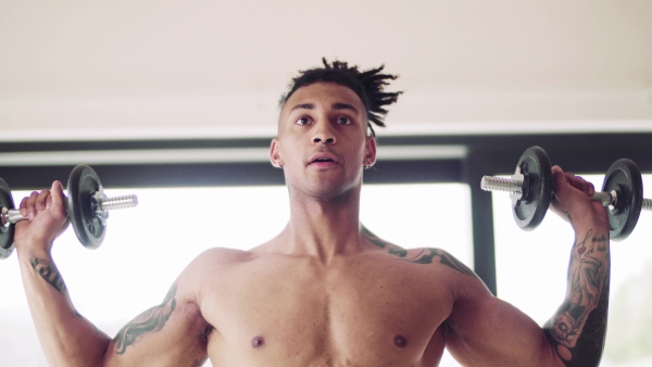 A mixed race young man doing exercise with dumbbells indoors at home, a body workout.