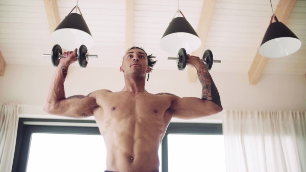 A mixed race young man doing exercise with dumbbells indoors at home, a body workout. Slow motion.