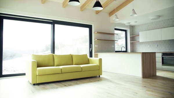 A modern interior of a house or flat in new home. A moving in new home concept. Slow motion.