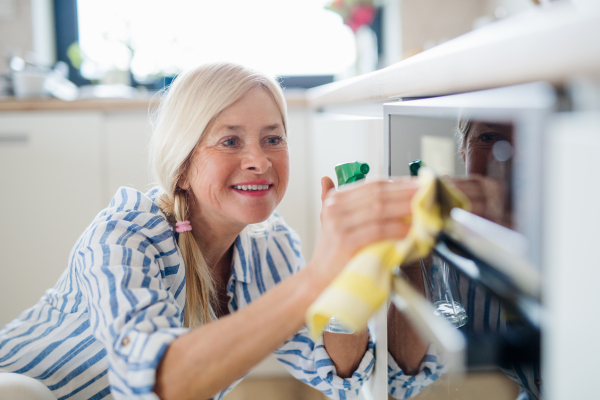 Portrait of happy senior woman cleaning kitchen cabinet doors indoors at home.