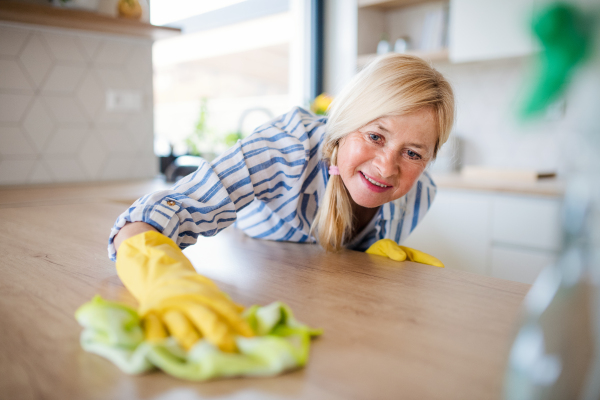 Portrait of happy senior woman cleaning kitchen counter worktop indoors at home.