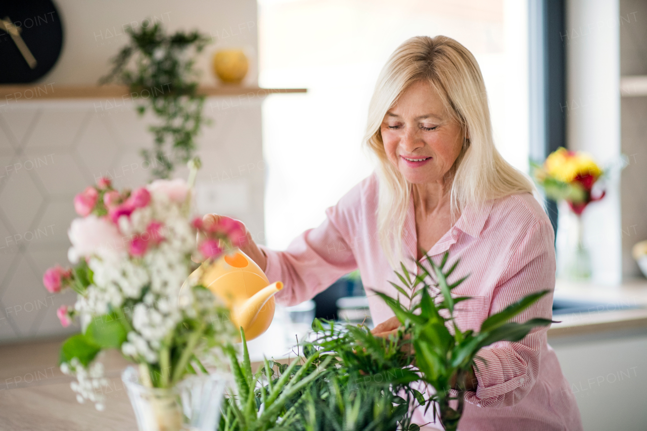 Front view portrait of senior woman watering plants indoors at home.