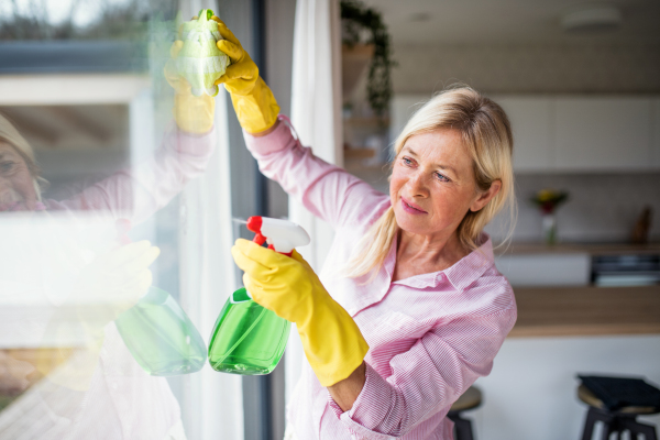 Portrait of senior woman with gloves cleaning windows indoors at home.