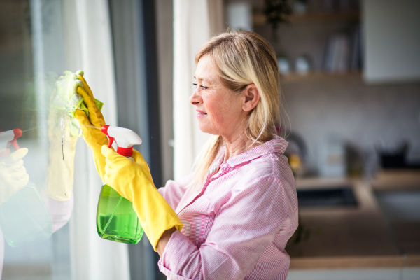 Portrait of senior woman with gloves cleaning windows indoors at home.