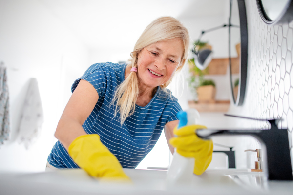 Happy senior woman with gloves cleaning bathroom indoors at home.