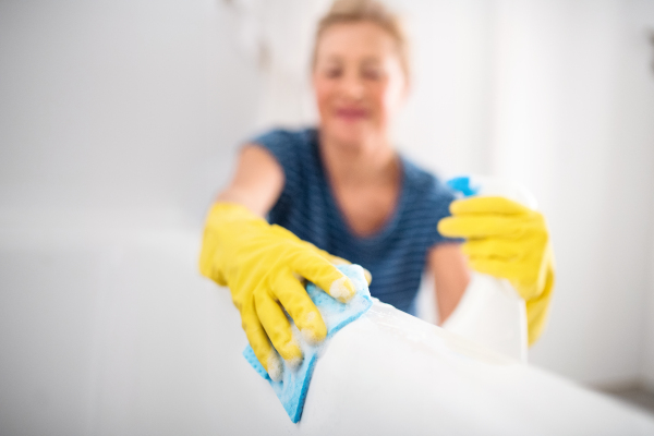 Happy senior woman with gloves cleaning bathroom indoors at home.