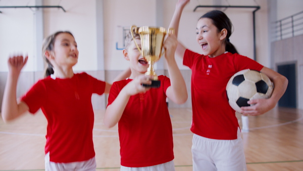 A school sports teammates rising up golden trophy after winning sports indoor competition