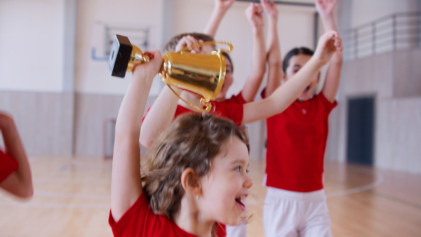 A school sports teammates rising up golden trophy after winning sports indoor competition