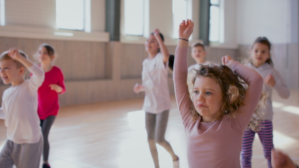 A group of elementary students exercising during class at school gym.