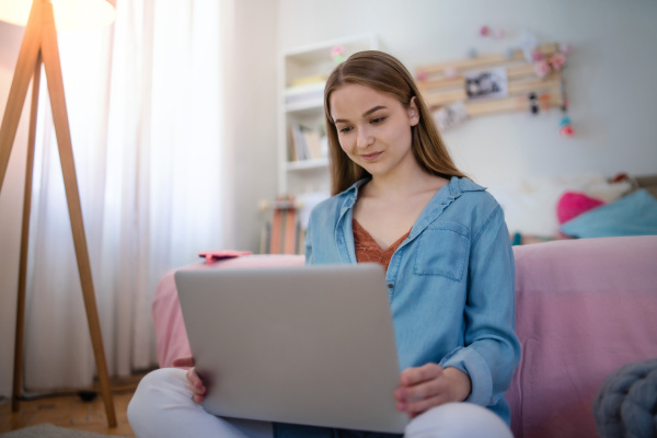 Beautiful happy young girl with laptop sitting and smiling, online dating and chatting concept.