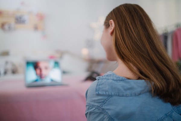 Beautiful happy young girl with laptop sitting and smiling, online dating and chatting concept.