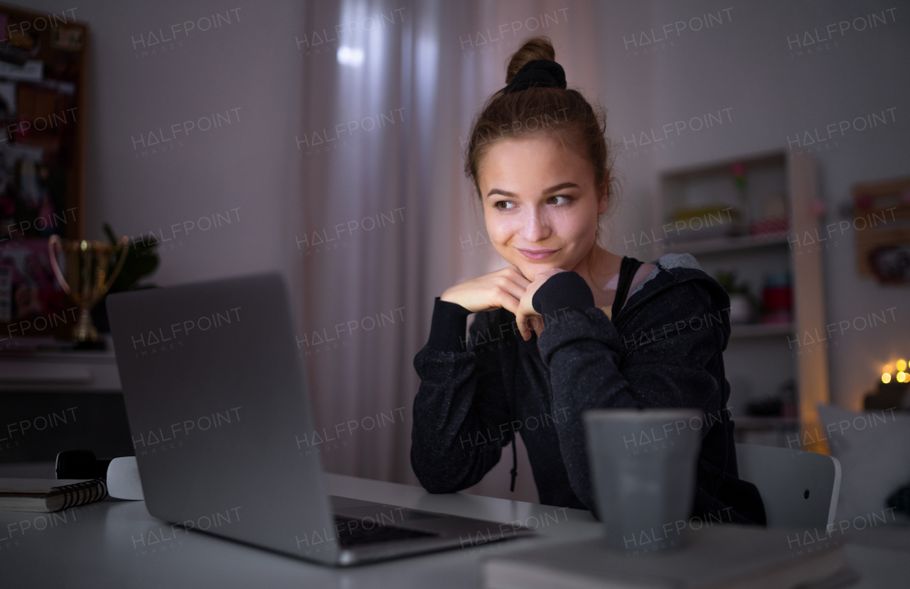 Beautiful happy young girl with laptop sitting and smiling, online dating and chatting concept.