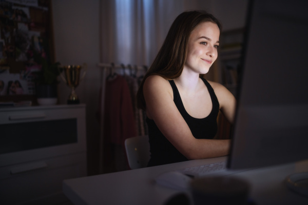 Beautiful happy young girl with laptop sitting and smiling, online dating and chatting concept.