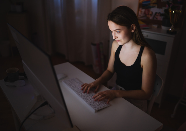 Beautiful happy young girl with computer at night smiling, online dating concept.