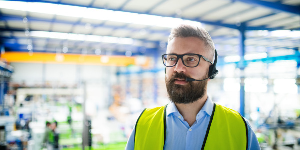 Side view of technician or engineer with protective mask and headset working in industrial factory.