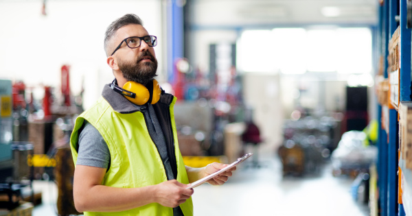 Technician or engineer with protective headphones standing in industrial factory, working.