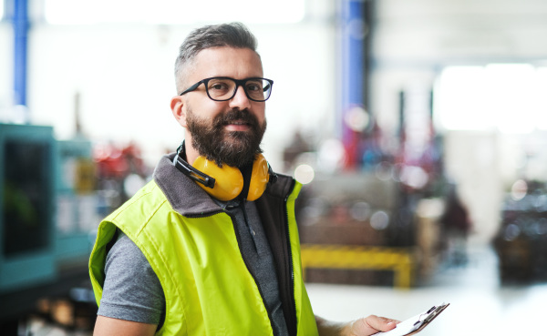 Technician or engineer with protective headphones standing in industrial factory. Copy space.