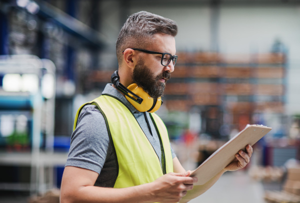 Technician or engineer with protective headphones standing in industrial factory, working.