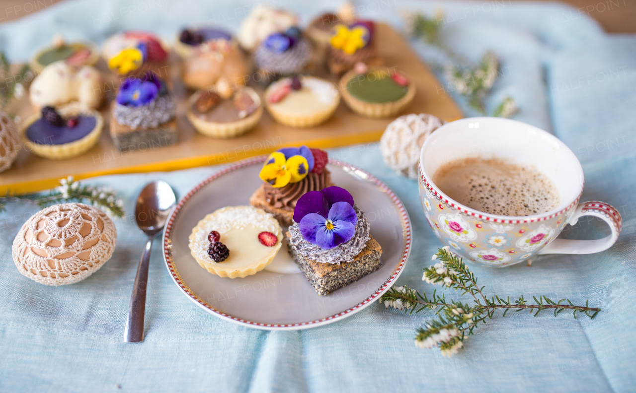 Close-up view of coffee and dessert on table, close-up.