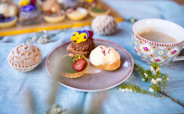 Close-up view of coffee and dessert on table, close-up.