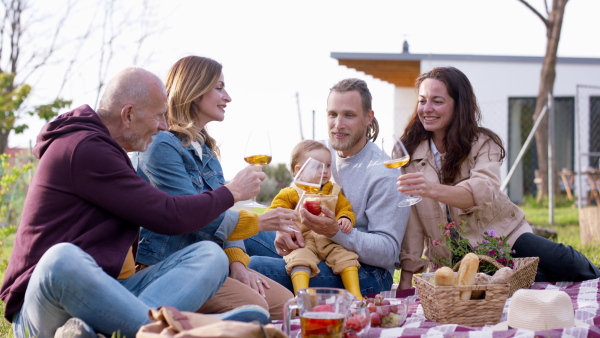 A happy multigeneration family outdoors having picnic in backyard garden, doing toast.