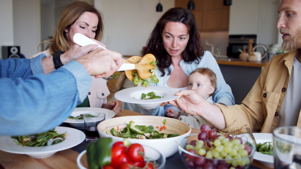 A happy multigeneration family indoors at home eating healthy lunch.