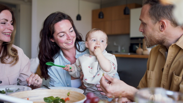 A happy multigeneration family indoors at home eating healthy lunch.