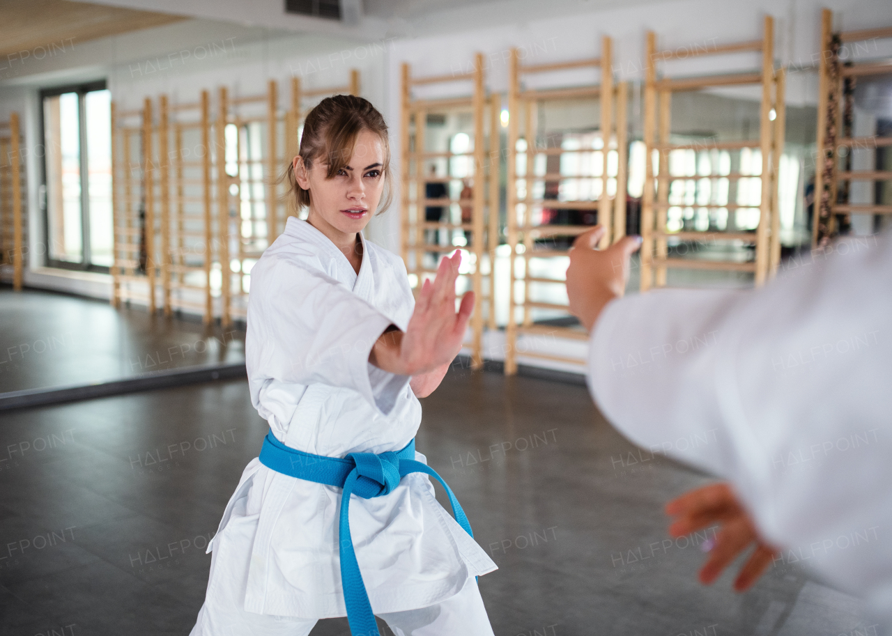 Two young women practising karate indoors in gym.