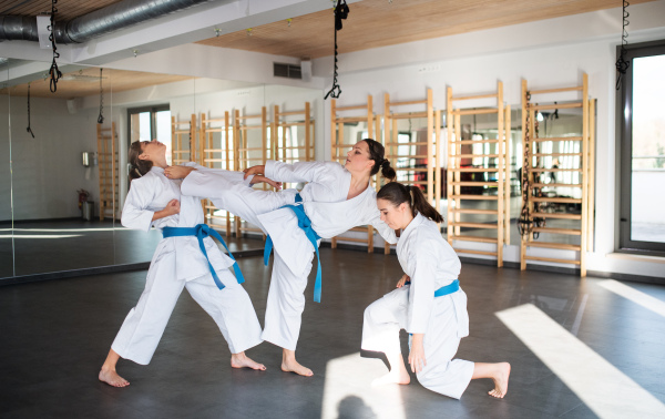 A group of young women practising karate indoors in gym.