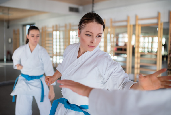 A group of young women practising karate indoors in gym.