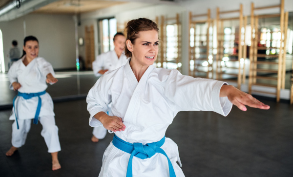 A group of young women practising karate indoors in gym.