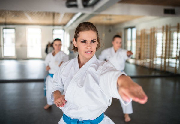 A group of young women practising karate indoors in gym.