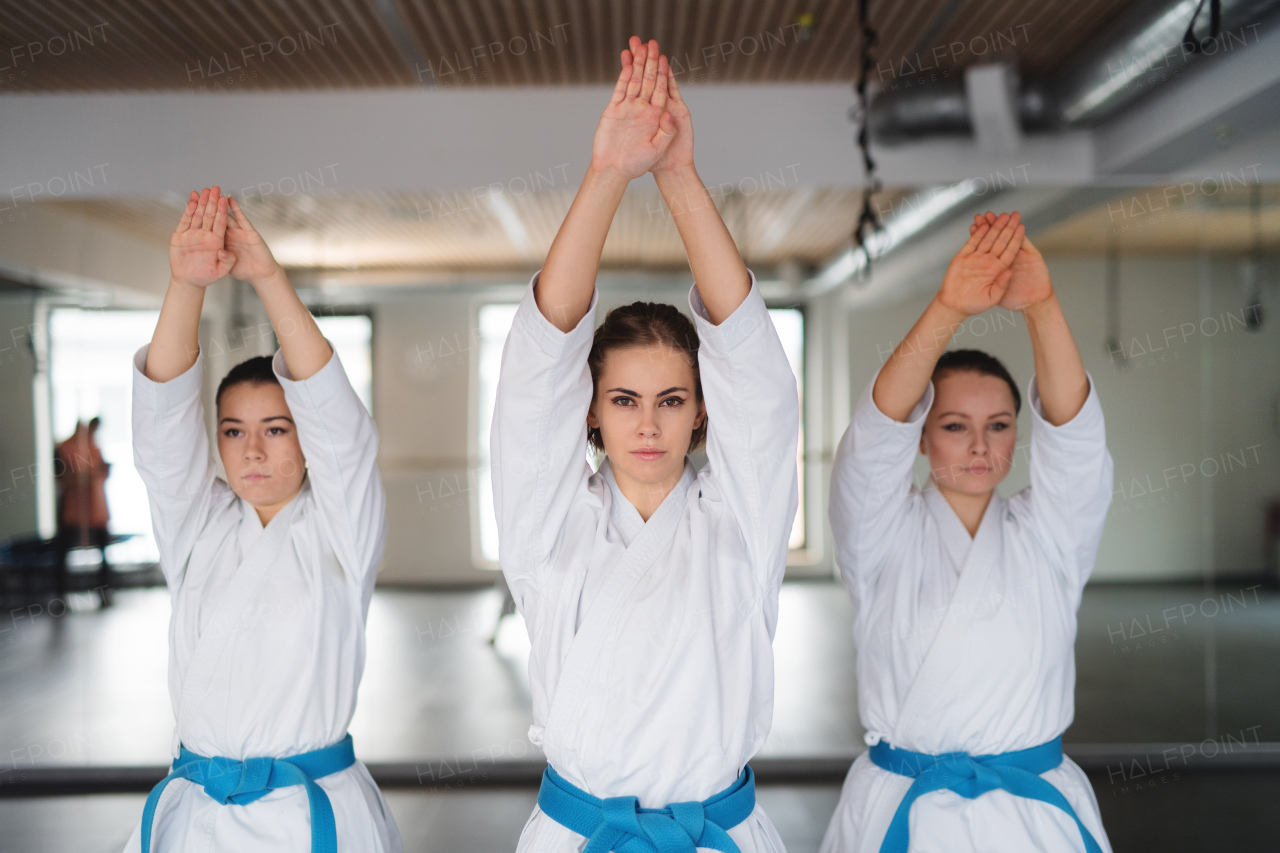 A group of young women practising karate indoors in gym.