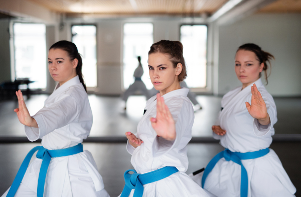 A group of young women practising karate indoors in gym.