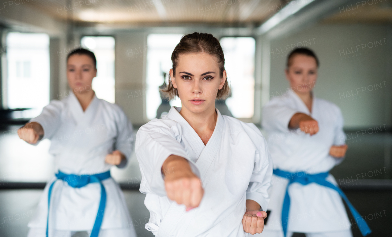 A group of young women practising karate indoors in gym.